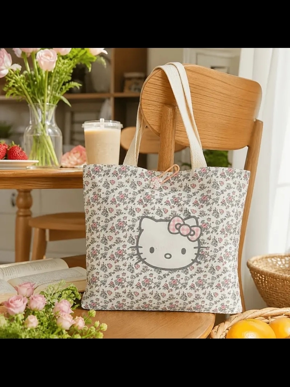 Hello Kitty Floral Canvas Tote Bag in Cream and Pink